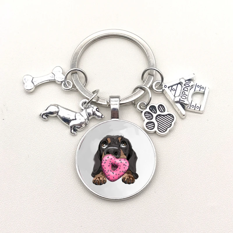 I Love Dachshunds Keychain Cute Animal Cartoon Dog Keychain Dog Glass Convex Keyring Gift for Woman Man Jewelry