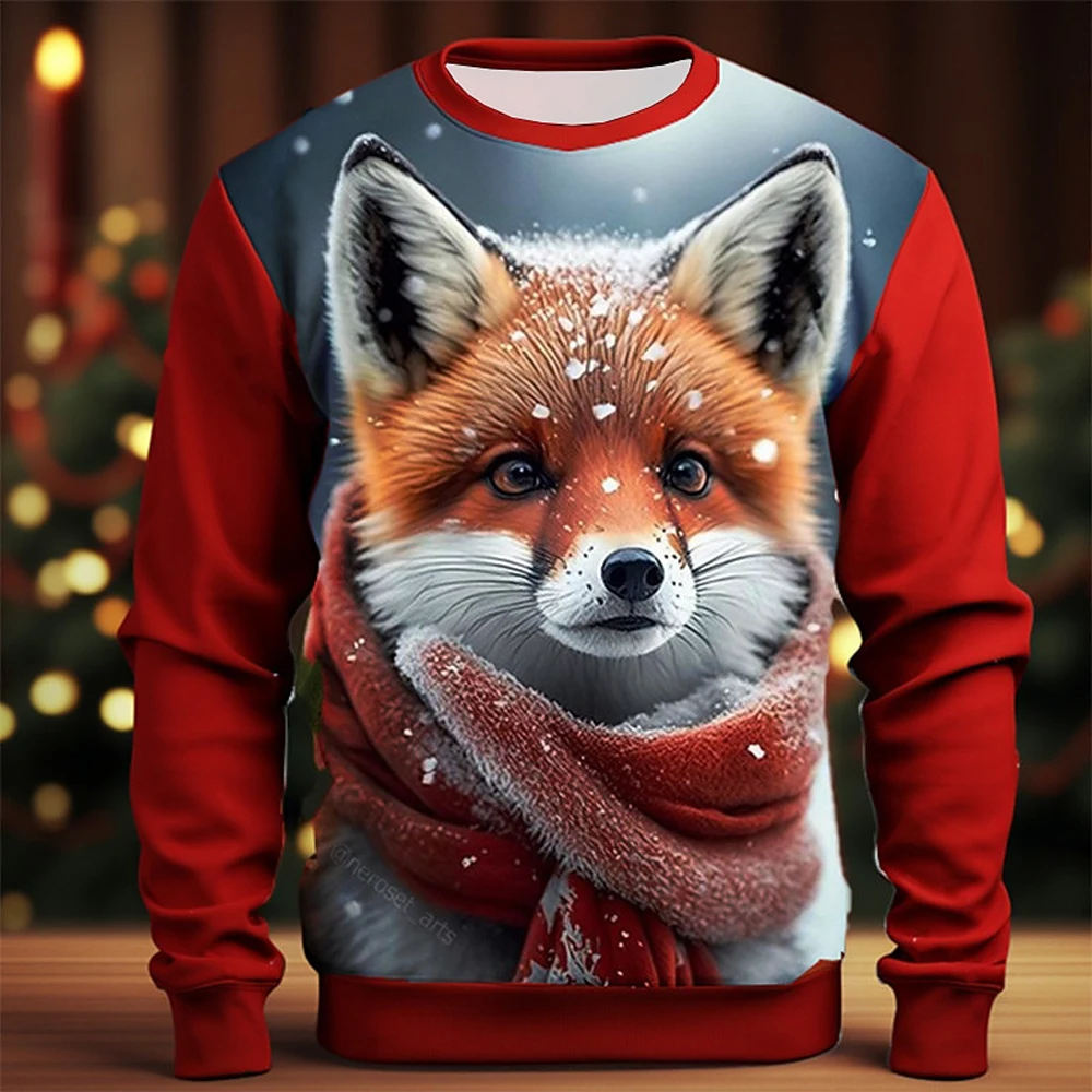 

Boutique Men's Christmas Scarf Fox Print Hoodie Men's Street Casual Clothing Men's Autumn Crewneck Hoodie Men's Winter Warm Top