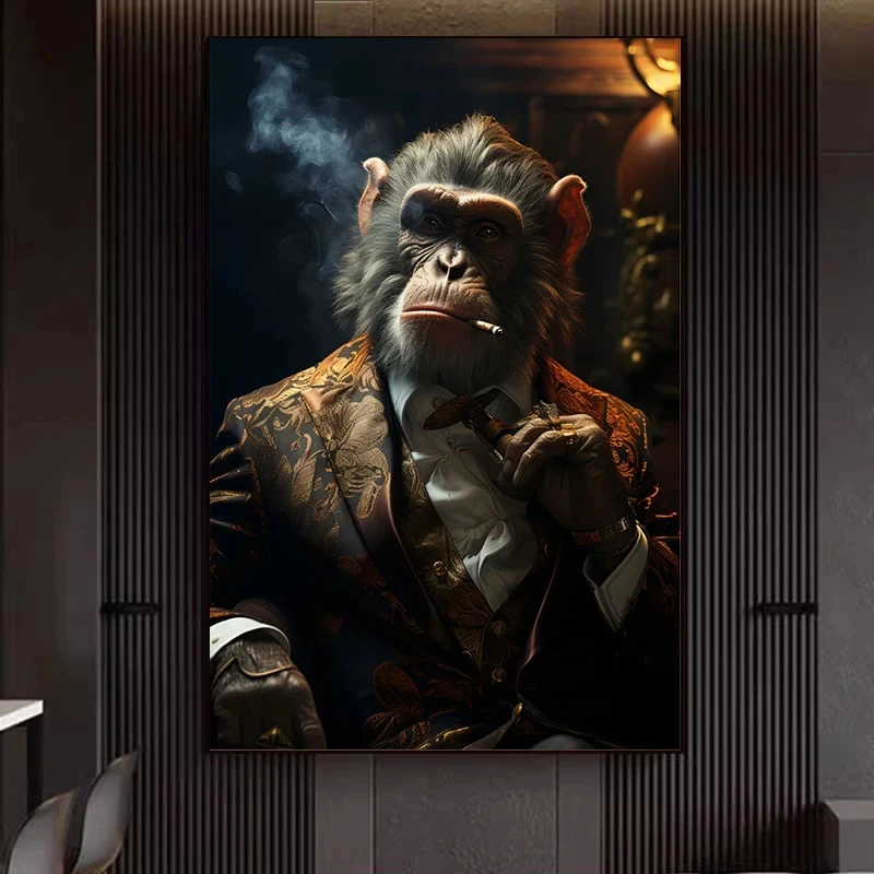 Funny Smoking Monkey Chimpanzee in Suit Gorilla Gangsters Art Poster Canvas Painting Wall Prints Picture Living Room Home Decor