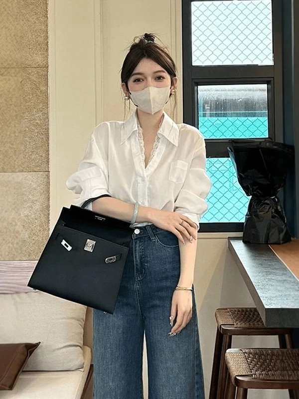 

Весенняя коллекция: Женская блузка с длинным рукавом, кружевной отделкой и V-образным вырезом, дизайнерский пэчворк, белая внутренняя рубашка-топ Pure Desire