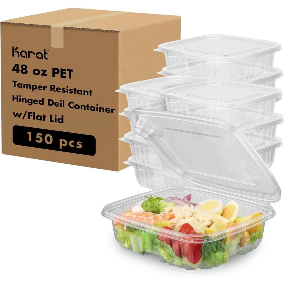 

48oz PET Hinged Deli Containers, 150 Count, Tamper-Resistant, Easy Open for Takeout & Restaurants