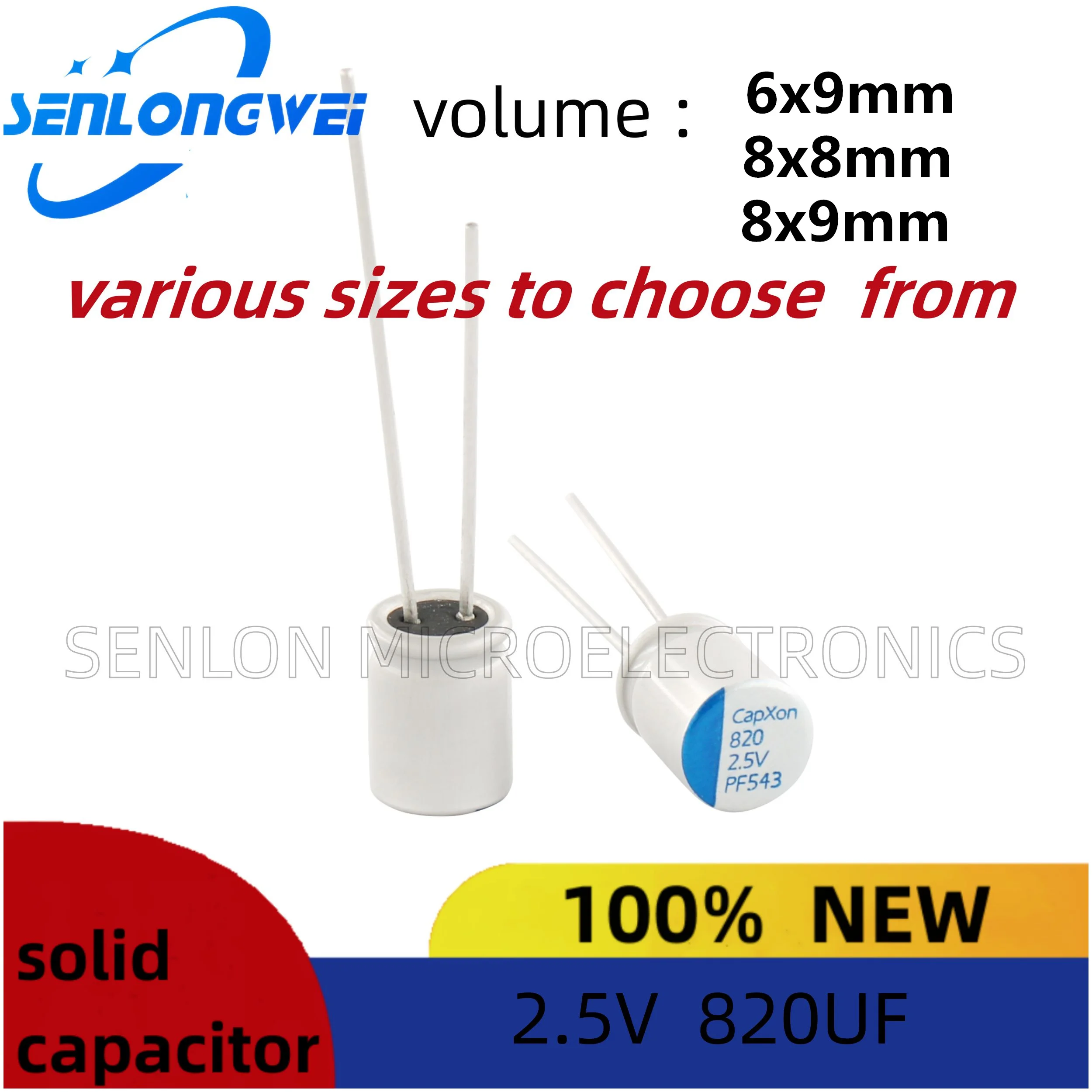 10 peças novo capacitor sólido 2.5v 820uf 6x9mm 2.5v 820uf 8x8mm 8x9mm pés curtos