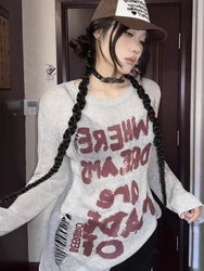 Deeptown Vintage Hollow Out Knitted Sweater Women Y2K Grunge Kpop Oversized Jumper Harajuku See Through Thin Knitwear Tops 2000s