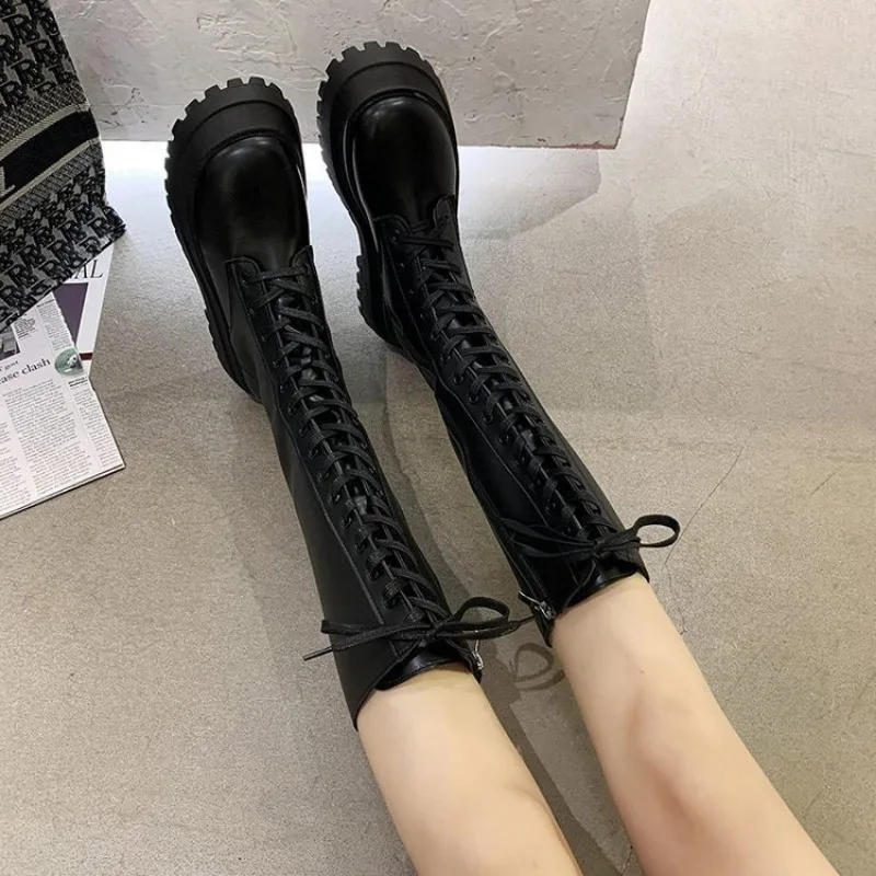 Chunky Platform Women Long Boots Pu Leather Knee High Boots Women Punk Female Lace Up Booties Mujer 2024 Chelsea Women Shoes