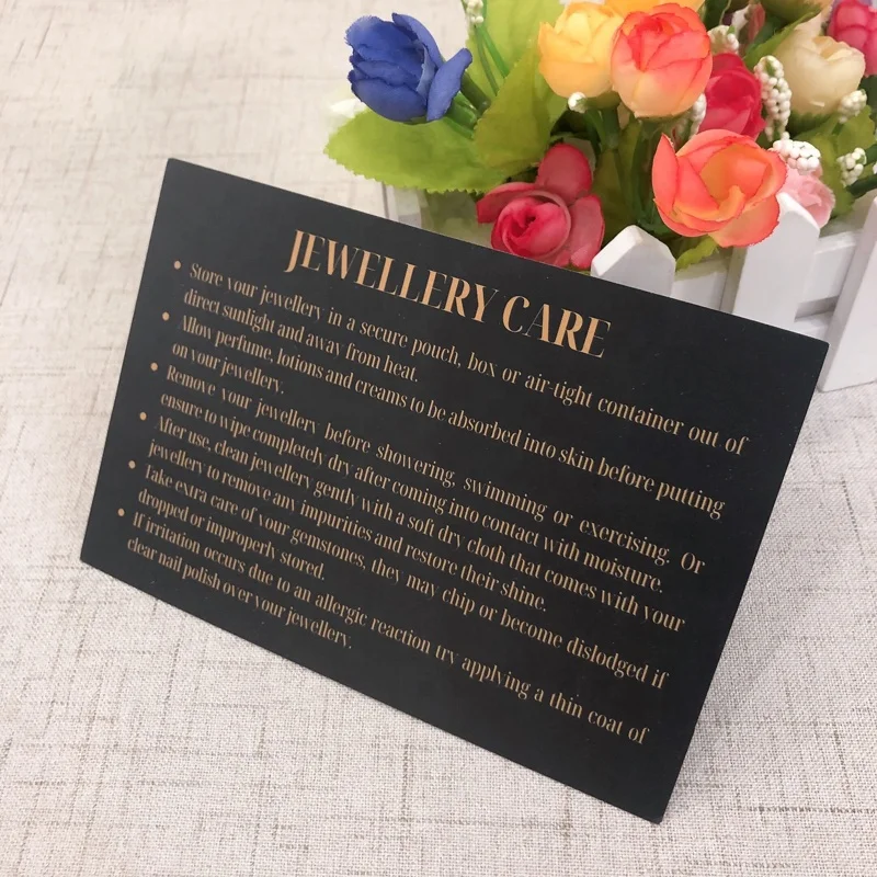 

Professional custom luxury gold foil black paper card printing business jewelry care instructions card