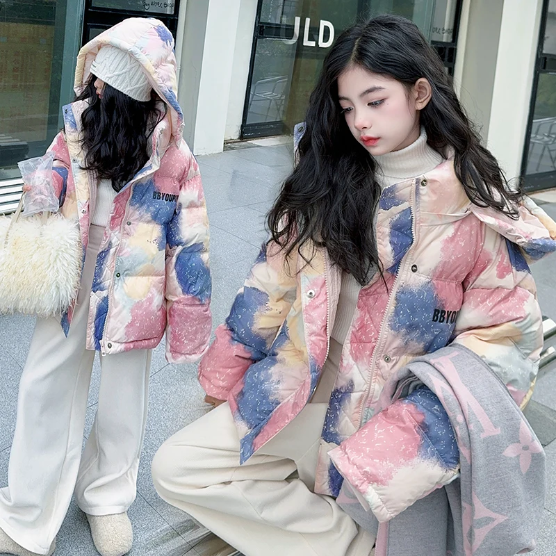 

Зимний пышный пуховик для девочек с капюшоном и карманами с принтом тай-дай, свободный корейский пуховик средней длины с капюшоном, детское утепленное теплое пальто