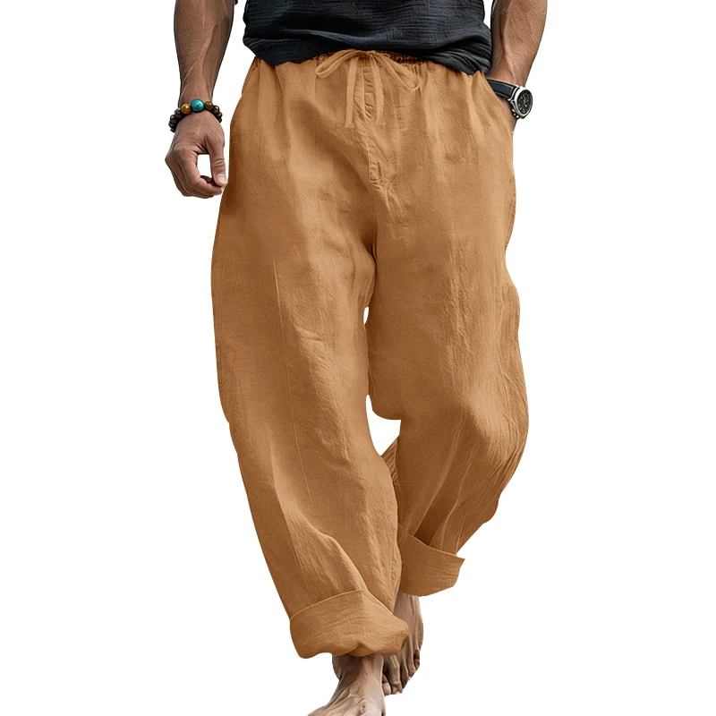 Sommerliche Herren-Leinenhose, Lässige Hawaiian-Hose mit Elastischem Kordelzug, Atmungsaktive Gerade Lange Hose mit Taschen für Alltag und Zuhause – Detail 38