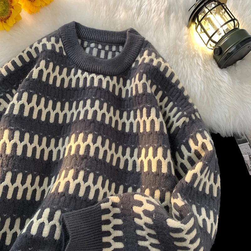 

Men's Stripe Knitwear Spring Autumn Loose round Ne Warm Top American Retro Lazy Inner Wear Casual Long Sve T-irt