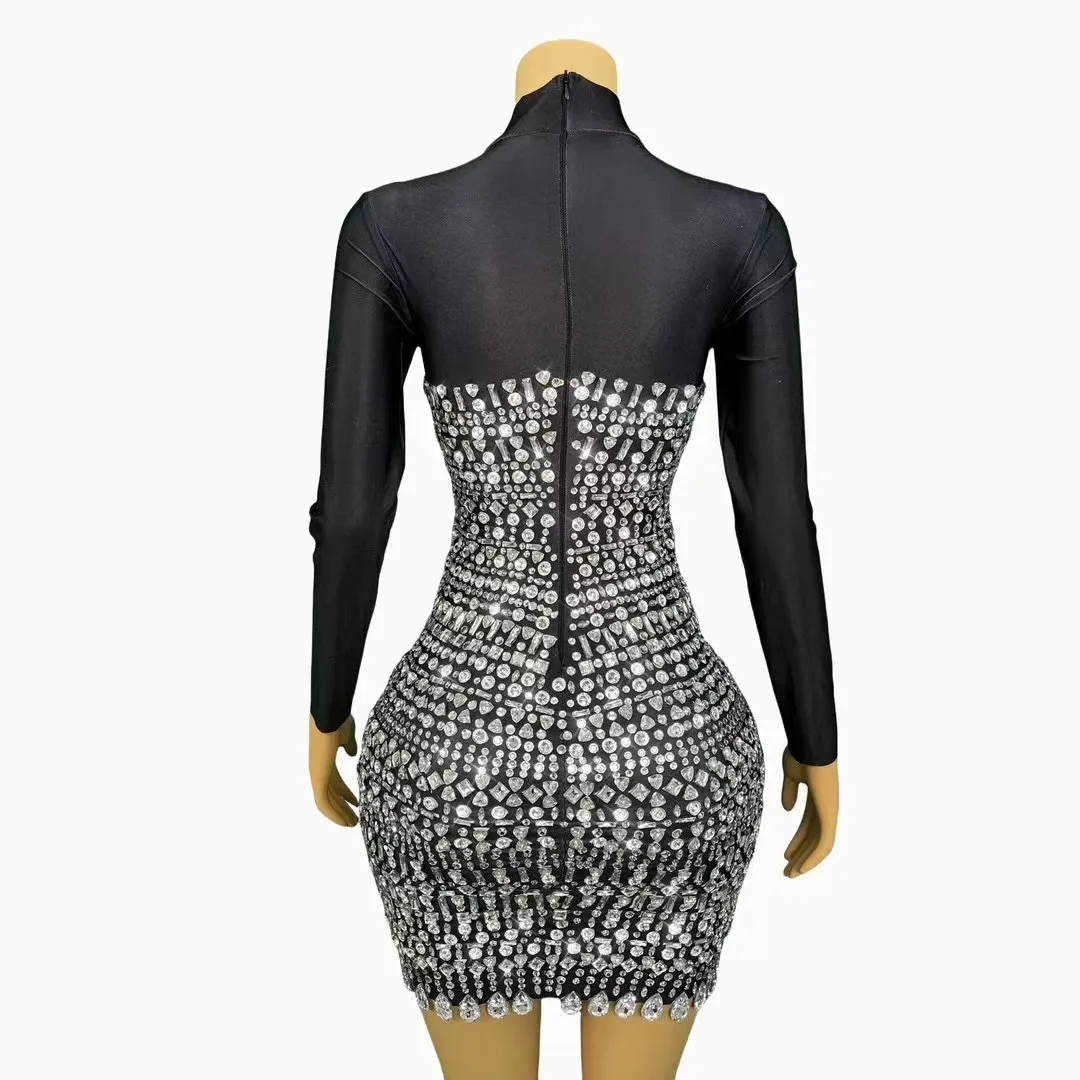 Sexy Fancy Brilliant Silver Rhinestones Birthday Celebrate Long Sleeves Black Dress Outfit Party Dance Crystals Photoshoot Dress