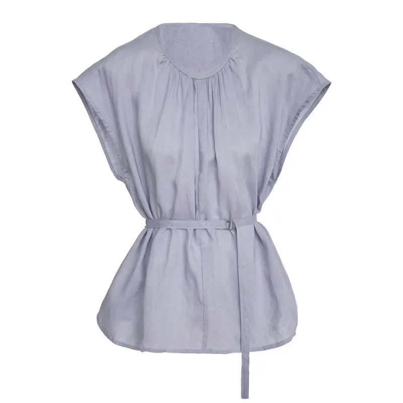 

Tencel linen round neck waist cinched shirt for women's summer new sleeveless vest with waistband and short sleeved shirt