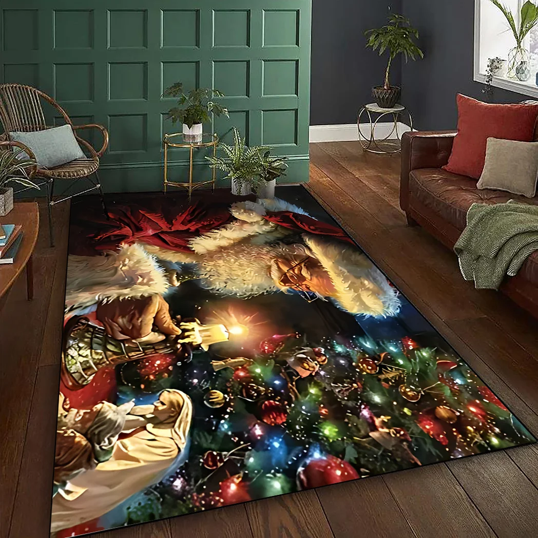 1pc Santa And Candle Pattern Area Rug, Washable, Elegant Holiday Home Decor, Perfect for Bathroom Kitchen Dining Room