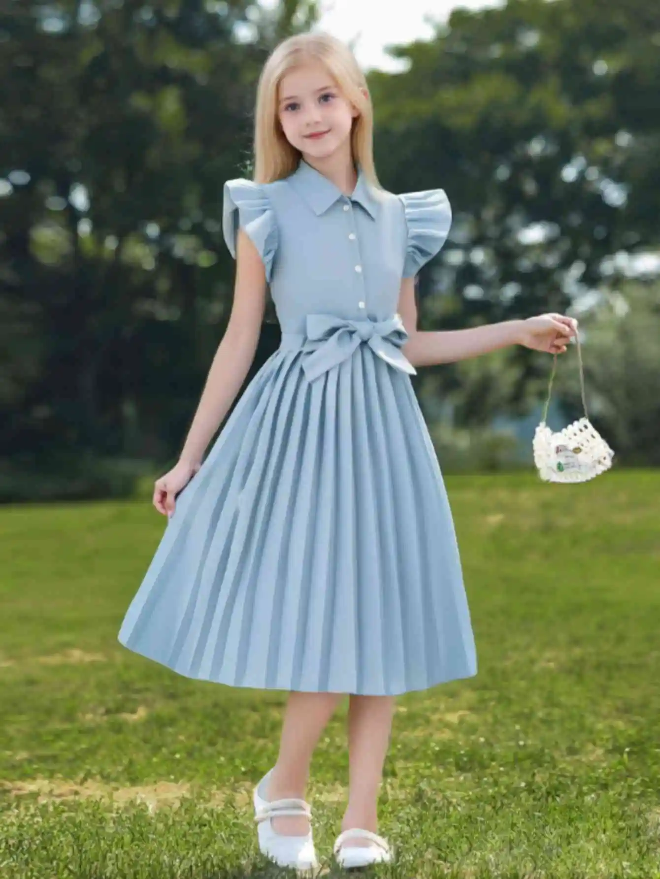 Jupe plissée d'été pour filles, douce et élégante, boutonnage à revers, style chemise française, robe bleue simple