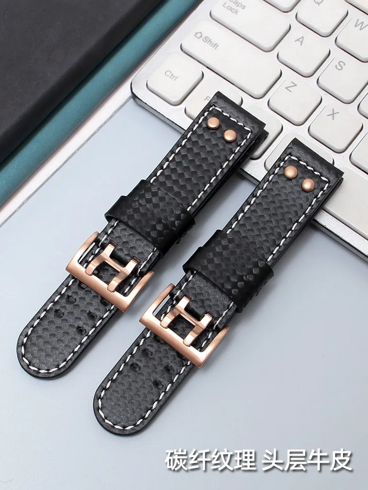 Genuine Leather Watch Strap Is Suitable for Hamilton Khaki Aviation Series H77696793 Carbon Fiber Pattern Cowhide Men's 22mm