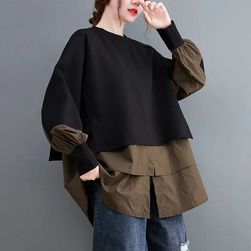 Fashion O-Neck Spliced Folds Fake Two Pieces Blouses Women's Clothing 2023 Autumn Winter Loose Irregular Tops Casual Shirts