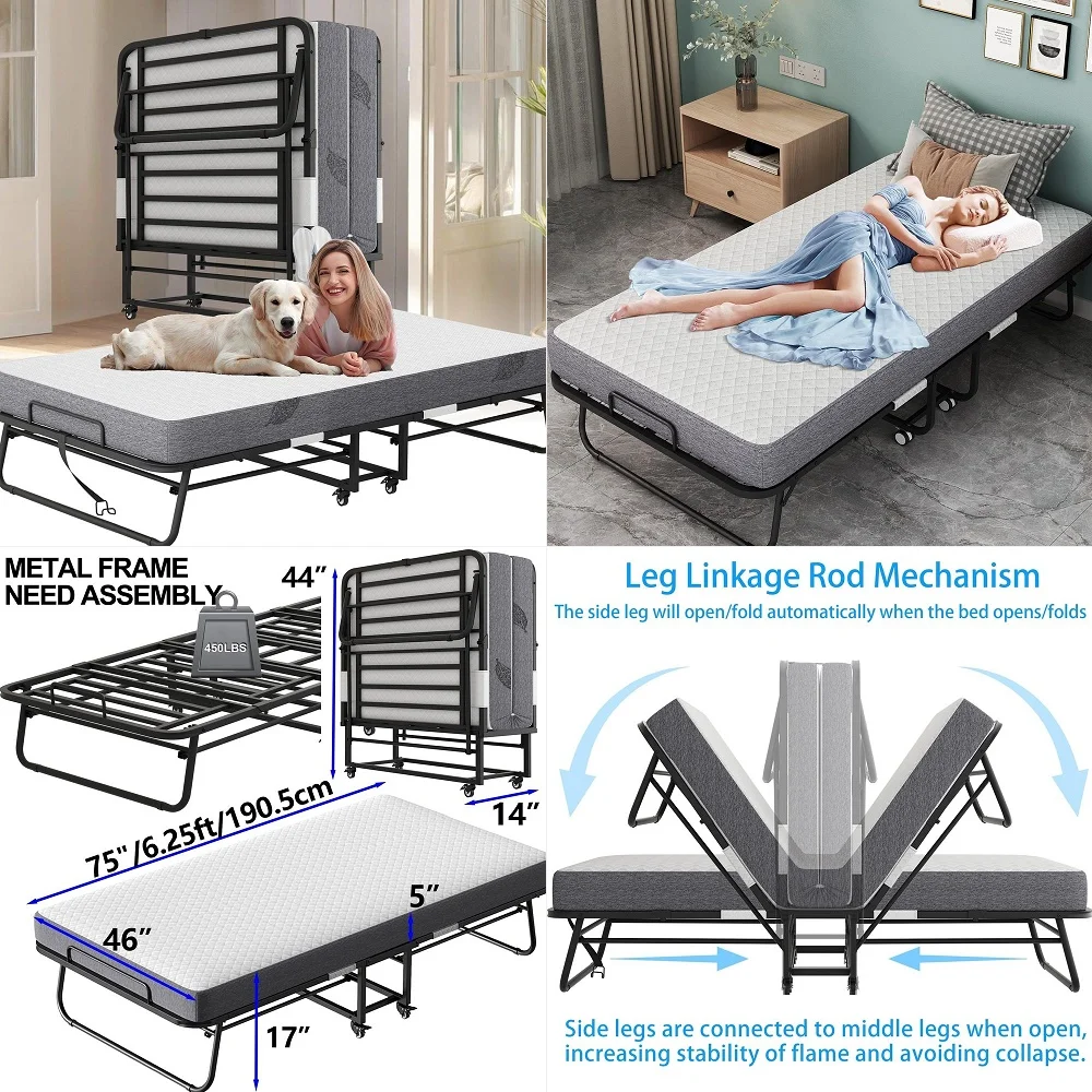 

Folding Bed with Mattress 75X54 Full Size for Adults 5 inch Memory Foam Mattress on Wheels Foldable Fold up Bed Guest Room Loun