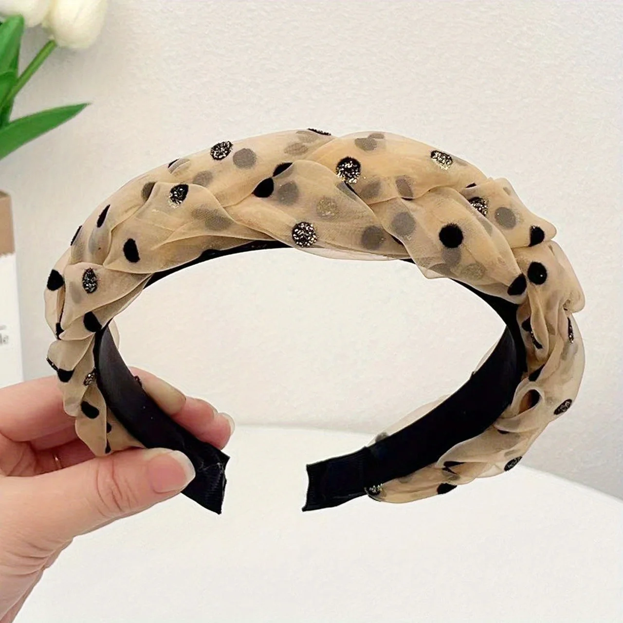 

Elegant Polka Dot Mesh Headband with Twist Design Vintage Style Non-Slip Hair Accessory for Women Formal Events