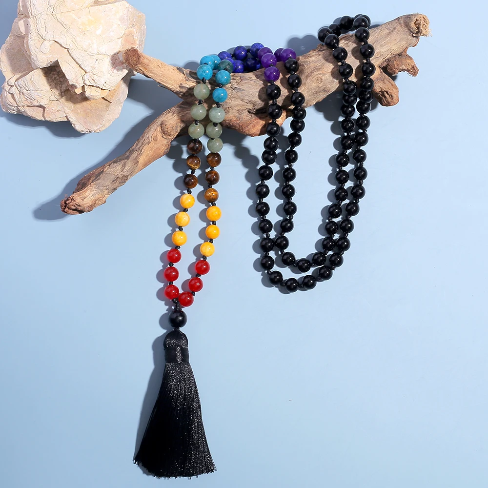 

Showboho 108 Mala Beads 7 Chakra Necklace 8mm Black Onyx Knotted Meditation Yoga Prayer Rosary For Men and Women Tassel Jewelry