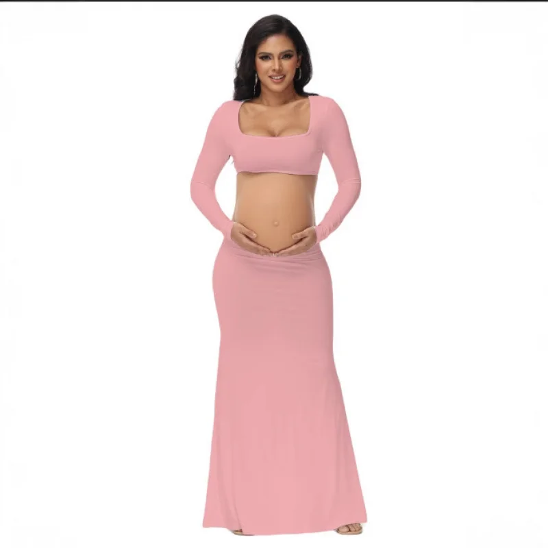 

1Maternity Square Neck Long Sleeve Solid Color Top High Elastic Mermaid Long Dress，Suitable for photography、Portrait