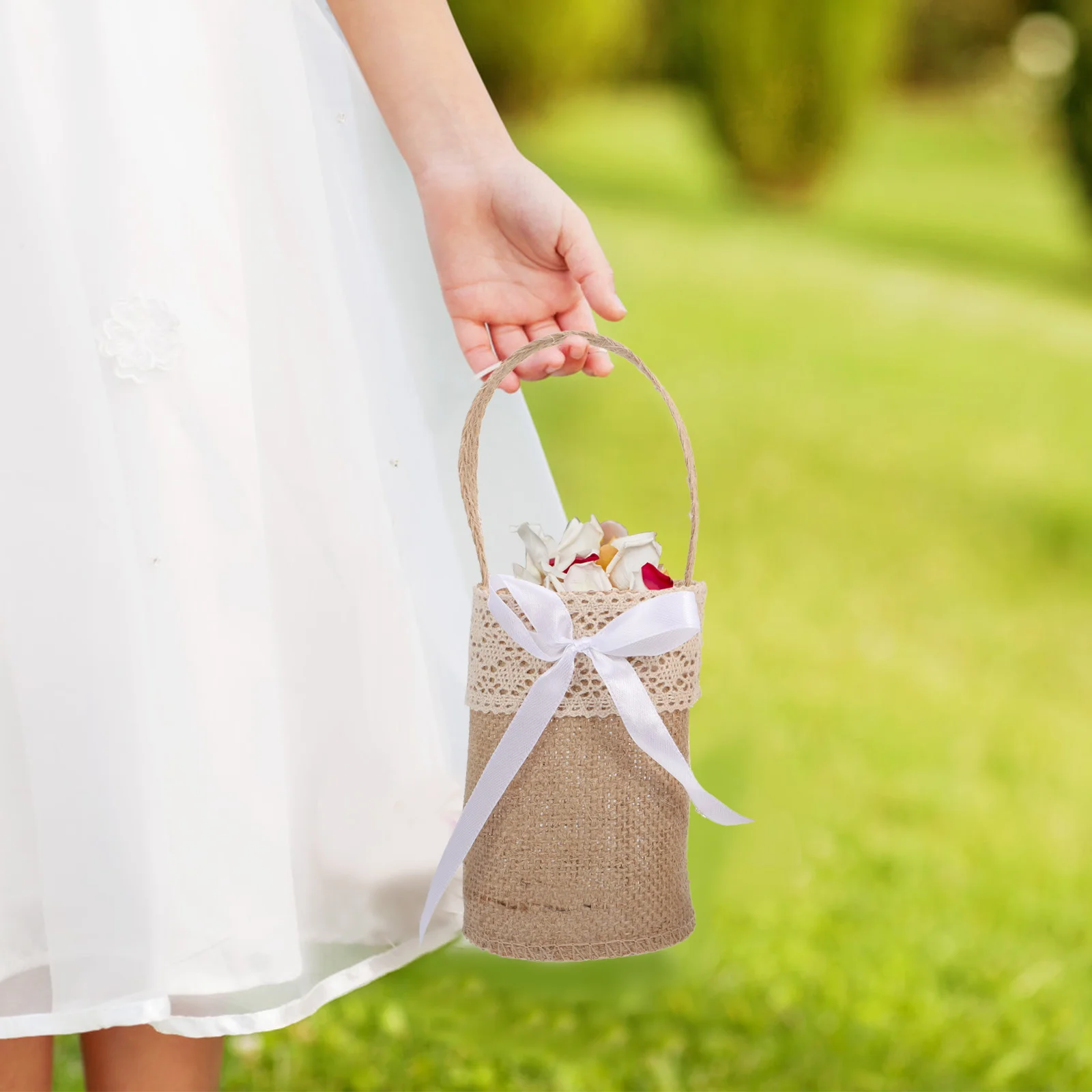 

2 Pcs Burlap Wedding Flower Girl Baskets Decorated Flower Girl Basket Rustic Satin Flowers Bows Gift Confetti Storage Basket