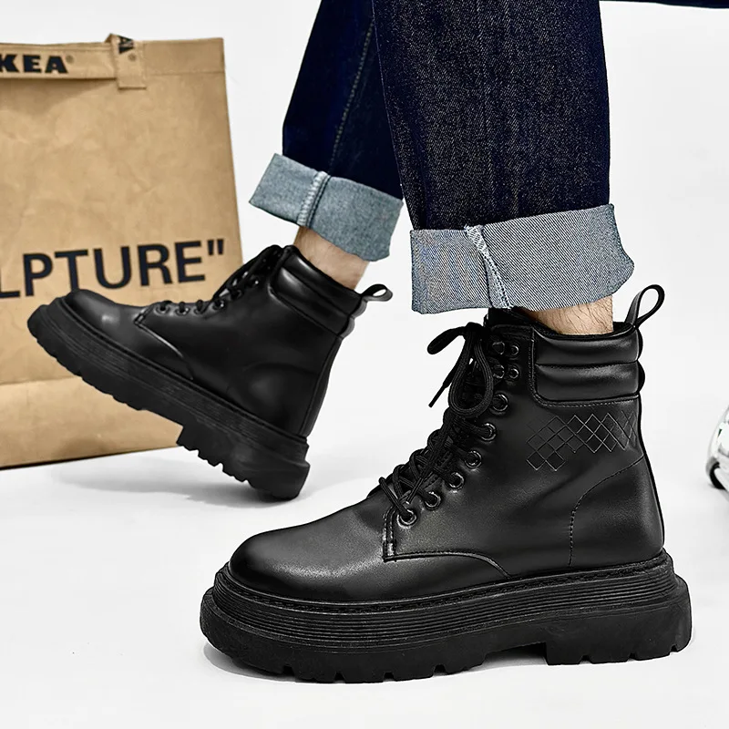 Autumn Man Fashion Work Boots Sneakers Round Toe Black Waterproof Casual Motorcycle Boots Versatile Platform Boots