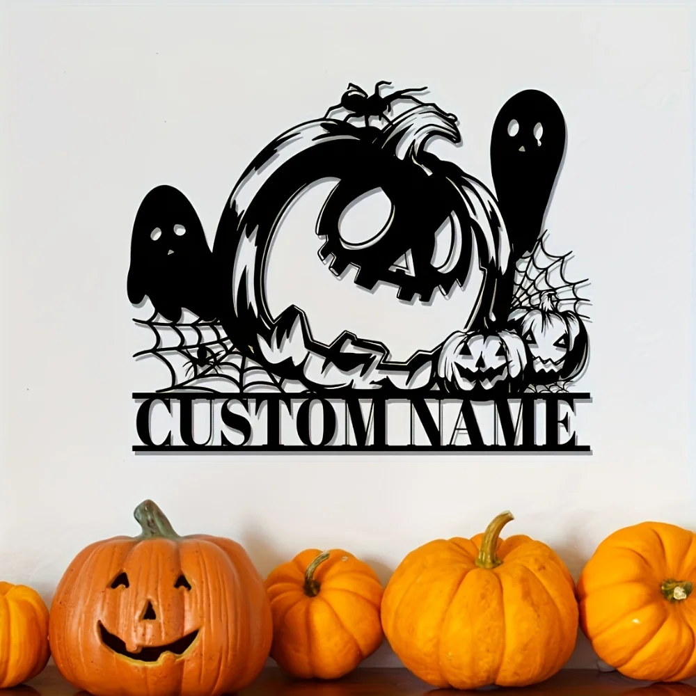 

Уникальный металлический настенный декор на Хэллоуин с изображением тыквы и летучей мыши, персонализированный для входа в дом и сезонных праздников