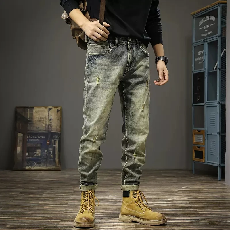 Italian Style Fashion Men Jeans Retro Yellow Blue Stretch Slim Ripped Jeans Men Elastic Trousers Vintage Designer Pants Hombre