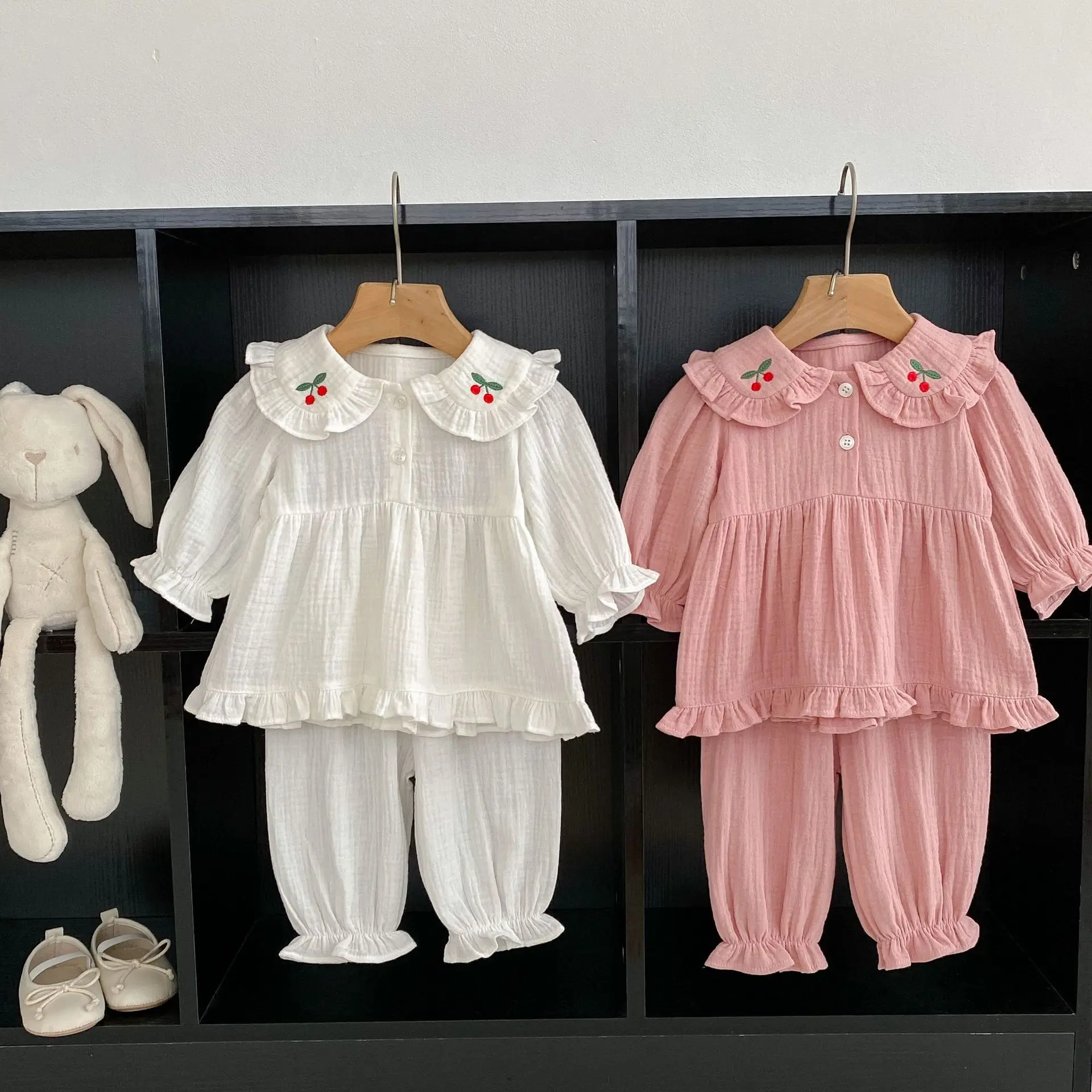 2024 Autumn Spring Baby Girls 2PCS Pajamas Set Cotton Cherry Loose Tops Solid Soft Breathable Pants Suit Toddler Girls Sleepsuit