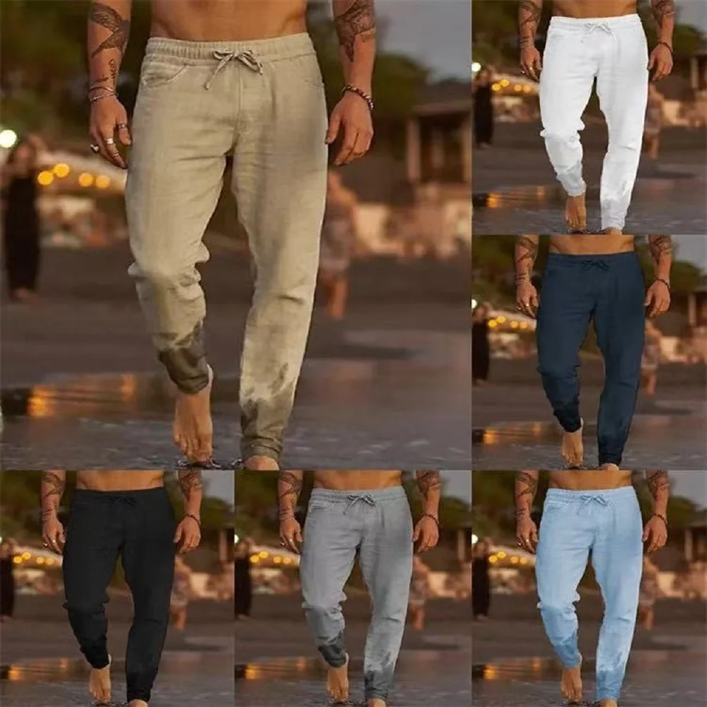 2024 New Men's Long Pants Summer Solid Color Breathable Linen Trousers Male Casual Elastic Waist Casual Pants Harajuku Trous ﻿