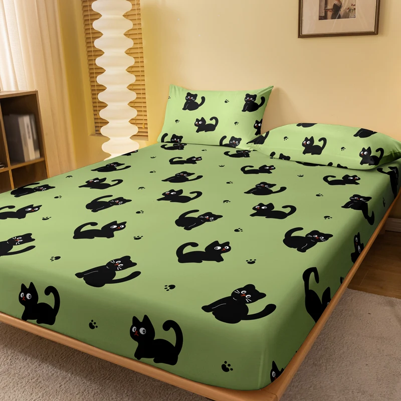 1 Sábana bajera mate con estampado de gato animal lindo de dibujos animados, funda de cama estampada para dormitorio, ropa de cama (excluyendo fundas de almohada)