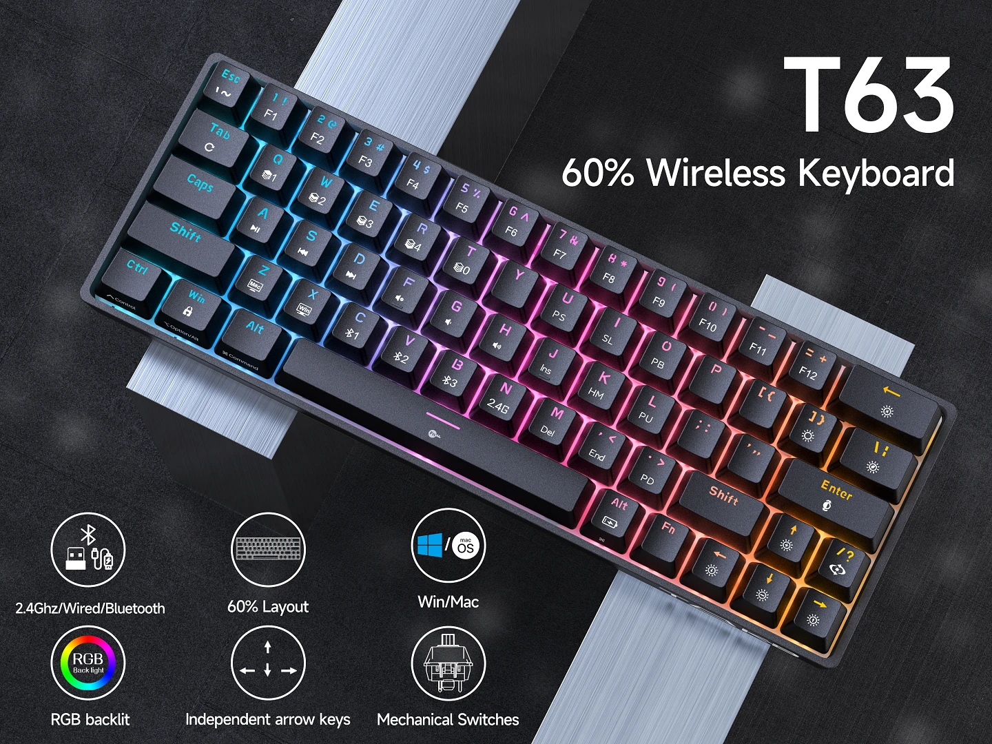 KEMOVE T63 60% Wireless Mechanical Gaming Keyboard | Bluetooth/2.4G/Wired Keyboard | RGB Backlit Compact for Office and game