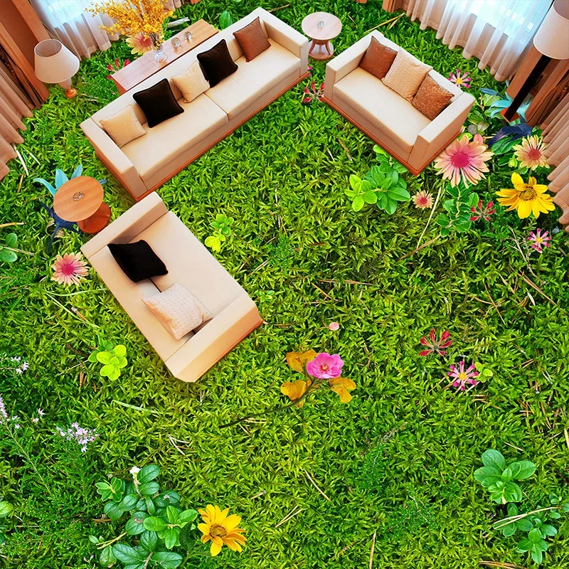 Custom 3D Floor Murals Flowers Grass Lawn Living Room Bedroom Balcony Waterproof Self-adhesive Floor Decor Mural PVC Wallpaper