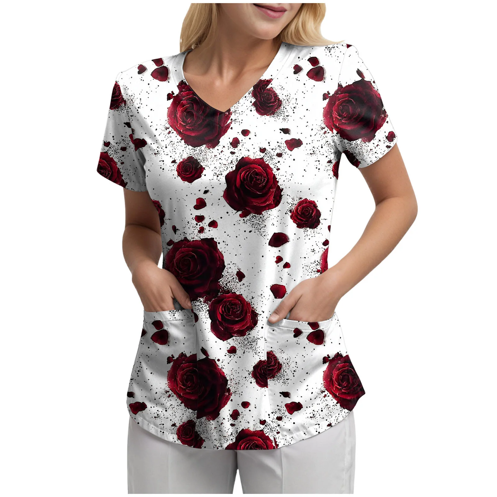 Women's Nurse Scrub Top Cartoon Printed Medical Clothing Uniform Scrubs Top Uniformes Clinicos Workwear Beautician Nursing Suits view 3