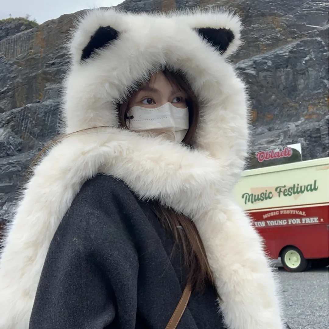 القط الأذن أفخم قبعة وشاح للنساء الفتيات شتاء دافئ فو الفراء رشاقته وشاح قبعة مجموعة عيد الميلاد حفلة الرقبة ديكور دفئا هدية