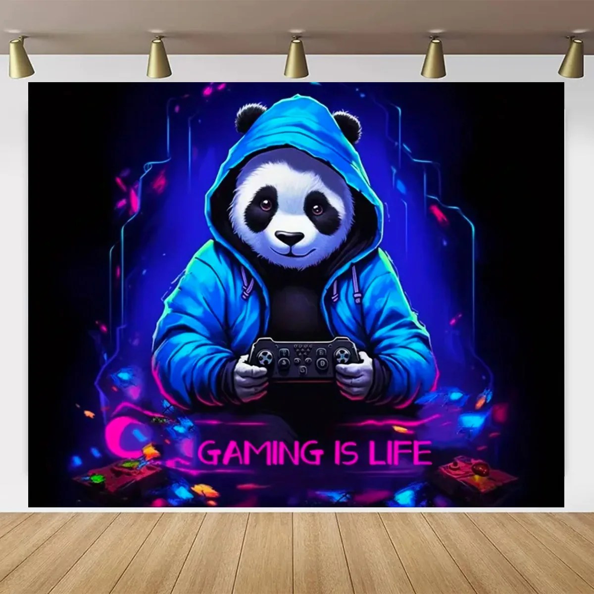 Cartoon Panda Gaming is life Theme Background Esports Gamer Remote Control Art Neon Backdrop Esports Birthday Party  Background