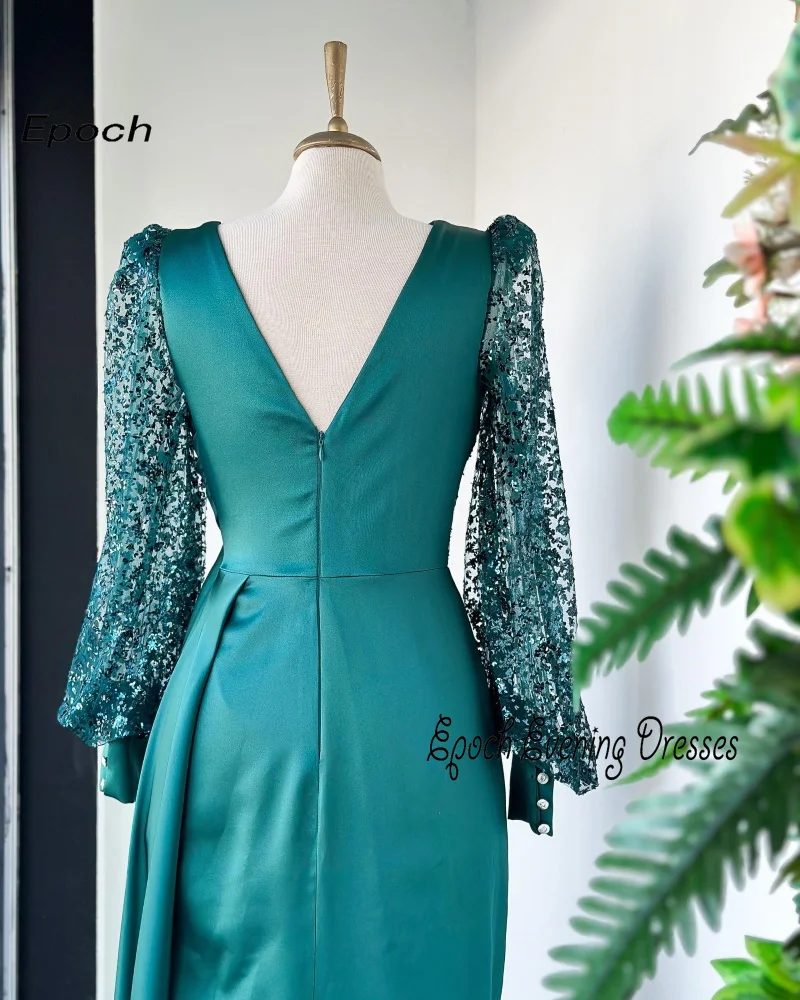 Epoch Satin Evening Dress 2024 New Arabia Mermaid Elegant V-Neck Luxury Lace Sleeve Floor-Length Women Sexy Green Prom Gown