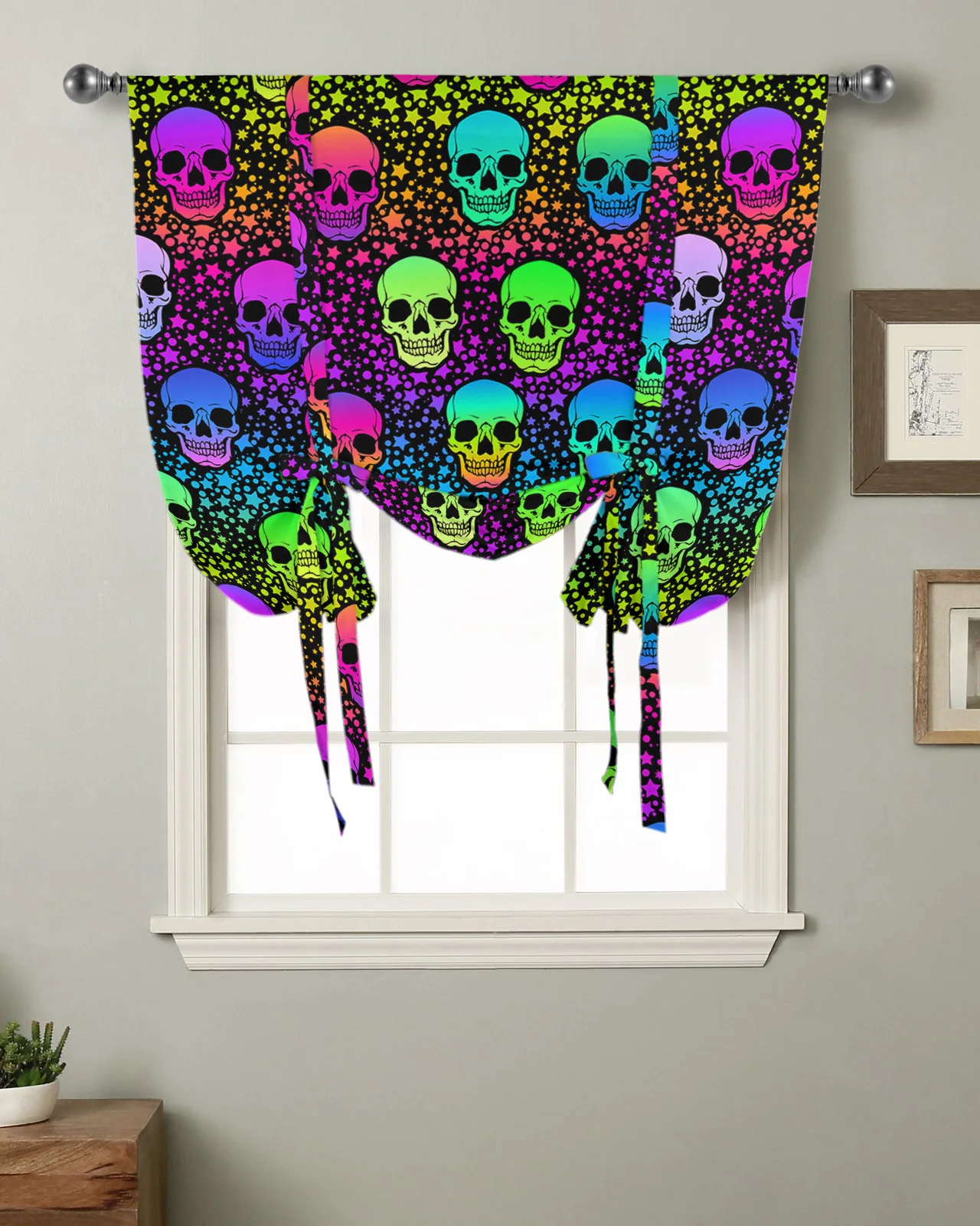 Rainbow Colored Skull Stars Kitchen Short Window Curtain Rod Pocket Curtains Home Decor Room Small Window Roman Tie Up Curtains