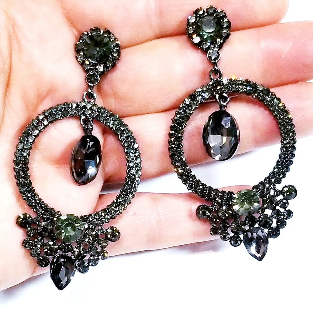 Stonefans Large Black Rhinestone Hoop Earrings for Women Water Drop Drag Queen Accessories Statement Dangle Earrings Jewelry