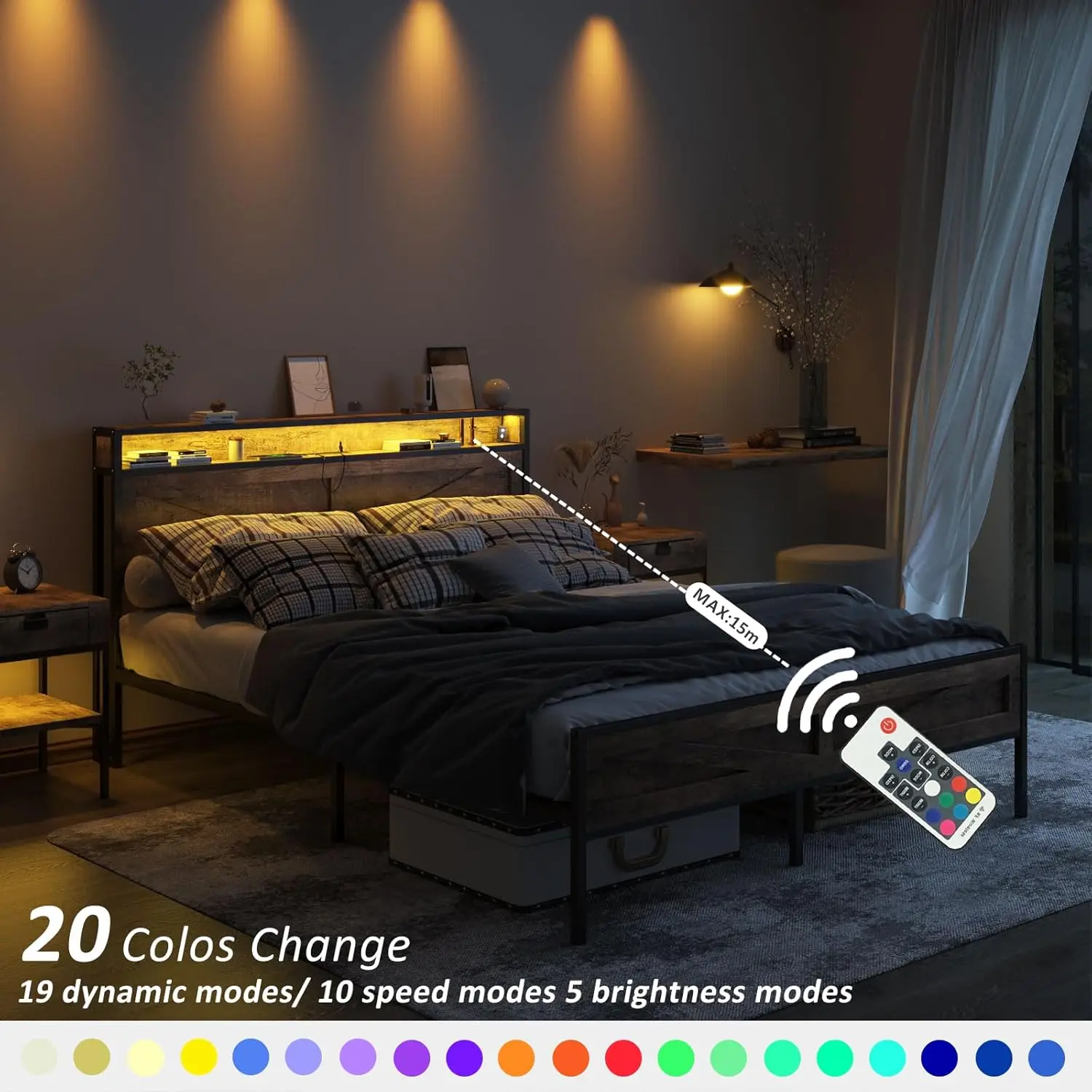 Led Bedframe Met Laadstation, Bedframe Met Hoofdeinde Opslag En Usb-Poort, Ruisvrij, Bruin (Groot)