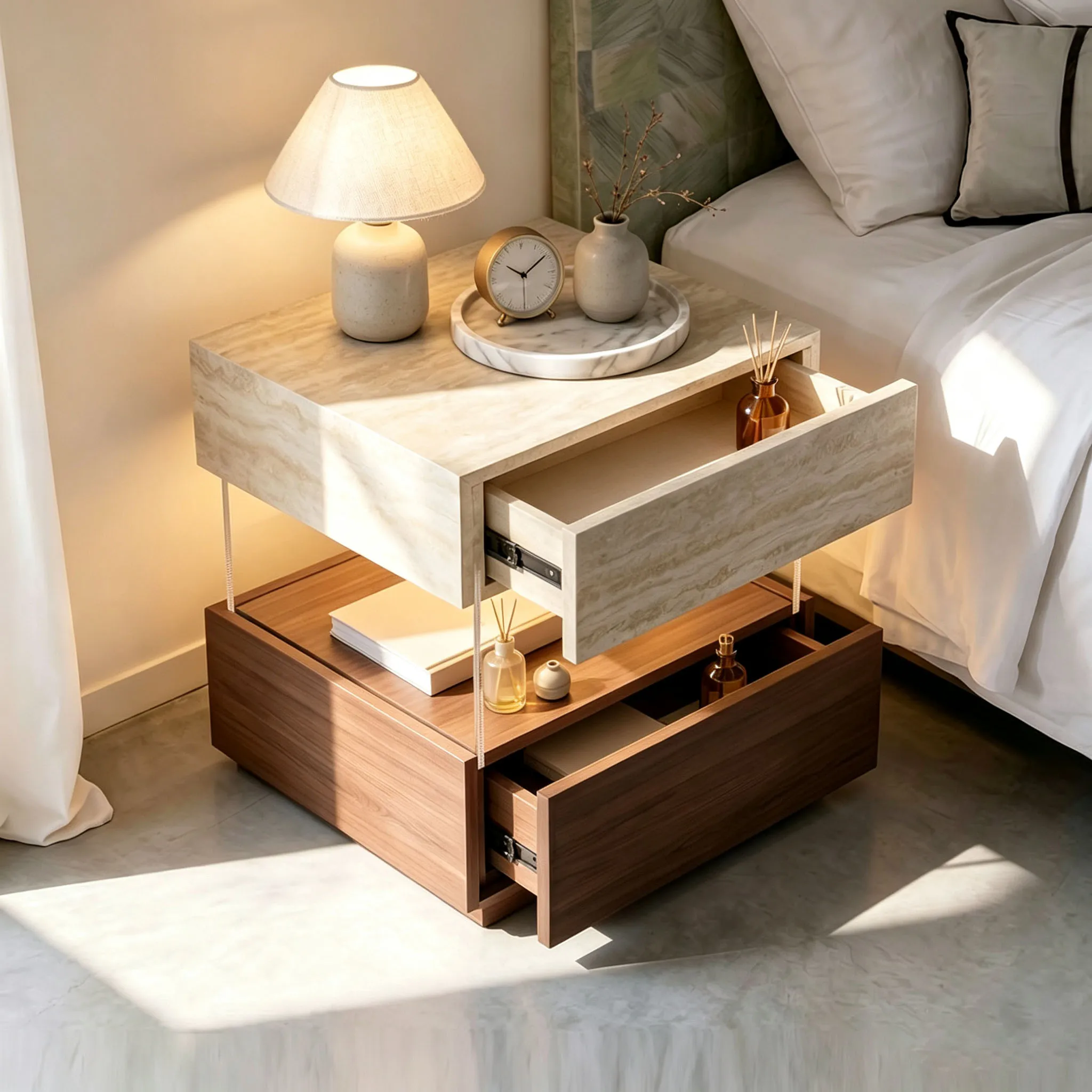 Modern minimalist bedside cabinet solid wood travertine texture light luxury suspension