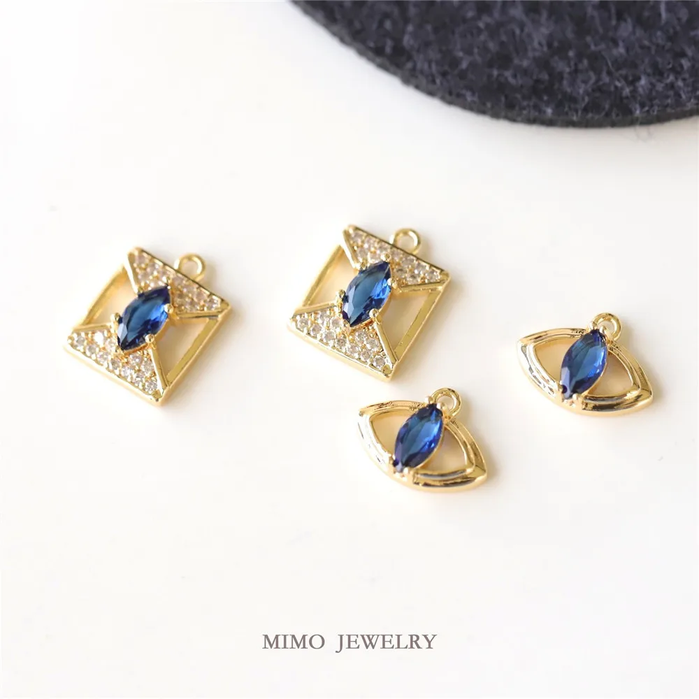 Copper-plated Real Gold Slightly Inlaid Zircon Mysterious Blue Eyes Rectangular Pendant DIY Bracelet Handmade Charm Accessories