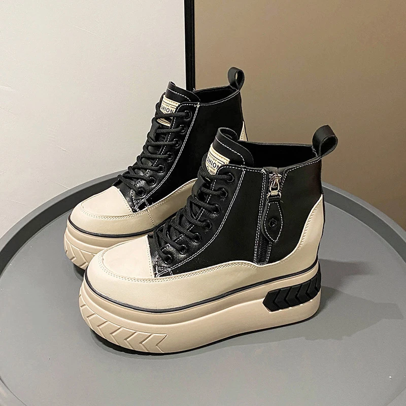 New Women's Leather Platform Sneakers 8.5CM Wedge High-Top Boots Casual Shoes Female Thick Sole Height Increase Short Boots Soft