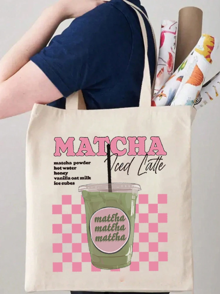 

1pc Vintage Matcha Pattern Canvas Tote Bag Lunch Box Reusable Shopping Bags Large Capacity Portable Storage Shoulder Bag