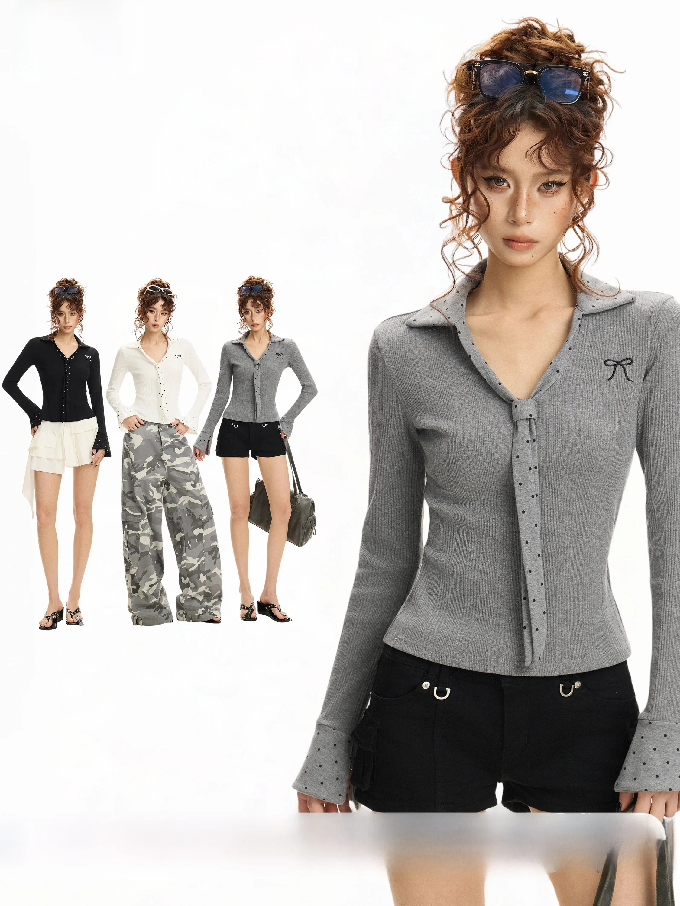 American Style Grey V-Neck Long Sleeve  Collar Slim Fit Short Top Women's Autumn T-Shirt Fake Two-Piece Commute Fashion