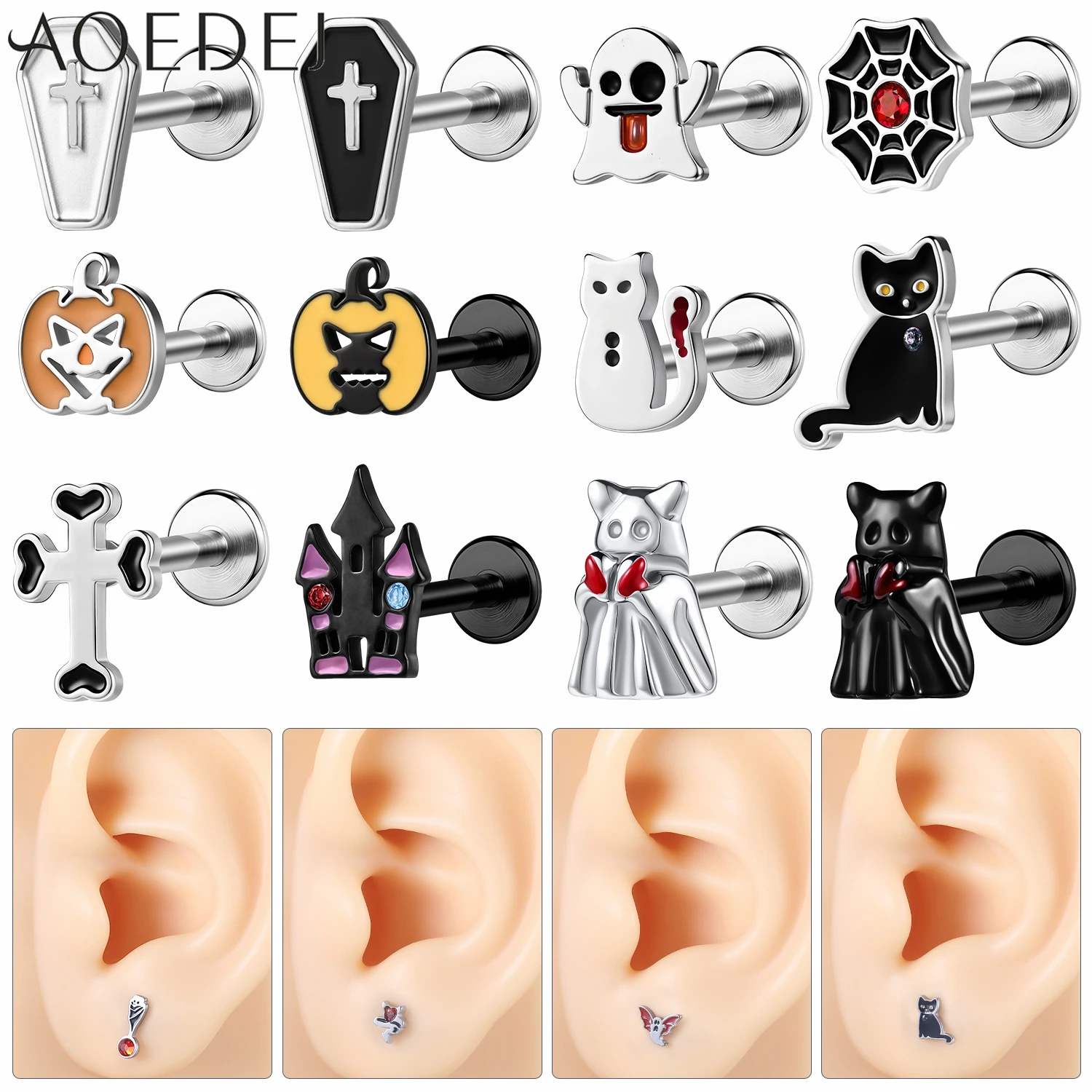 AOEDEJ 1 Pair 16G Ghost Stainless Steel Labret Lip Studs Women Zircon Halloween Stud Earrings Bat Cat  Ear Helix Piercings 6/8MM