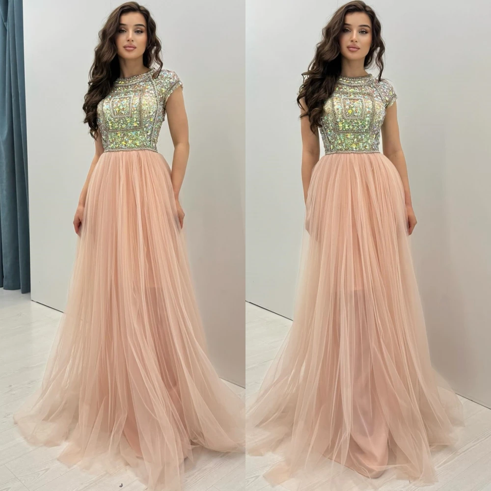 

Customized Fashion Tulle Evening Dress Fashion Sweep Train O-Neck Prom Dresses Delicate Sleeveless Special Occasion Gowns