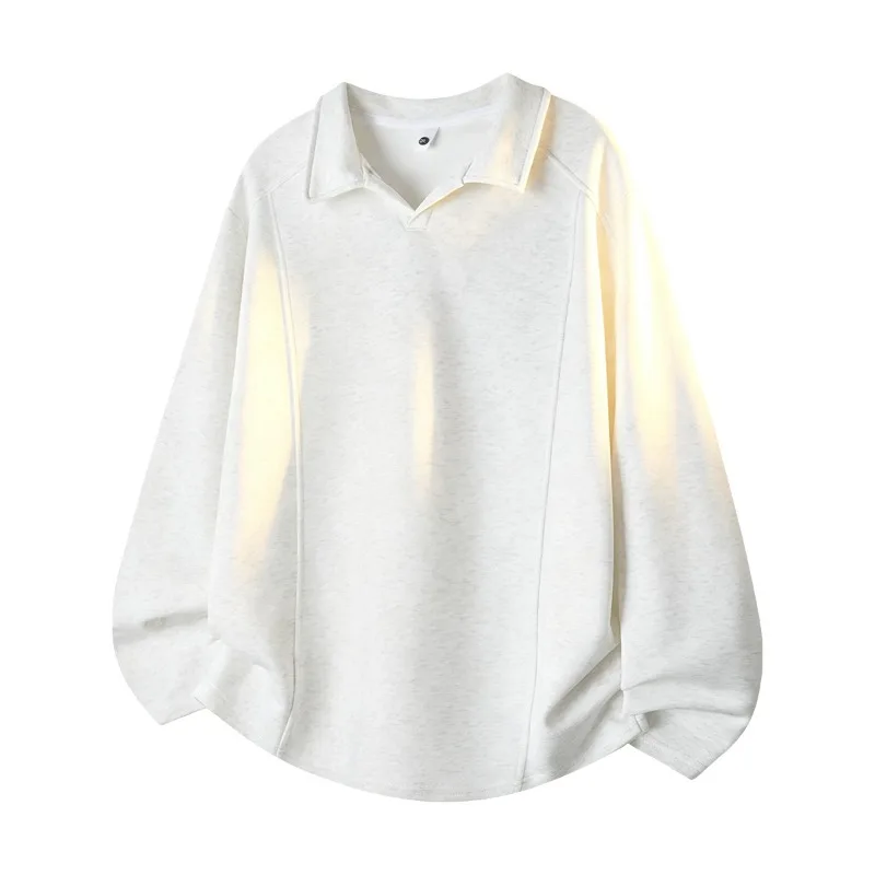 OIQERE Men Autumn Polo Collar Long Sleeve Sweatshirt Solid Simple V Neck Pullover Top Loose Drop Shoulder Casual Sweatshirt