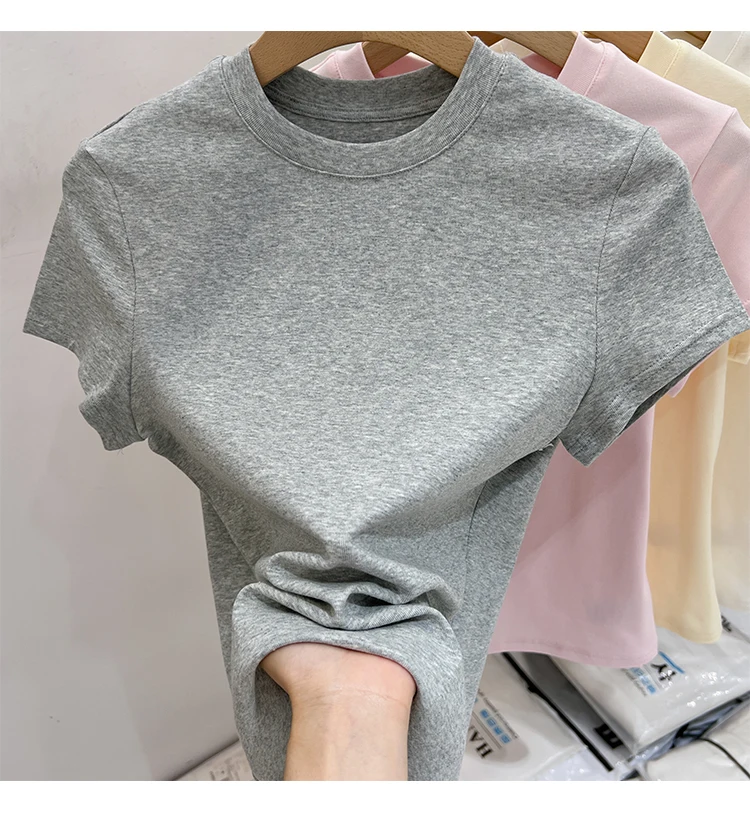 AOSSVIAO 2026 Summer Solid Color Women's Short Sleeve T-Shirt American Vintage Y2K Slim Basic O-Neck Tee Trendy Slim Fit Tops