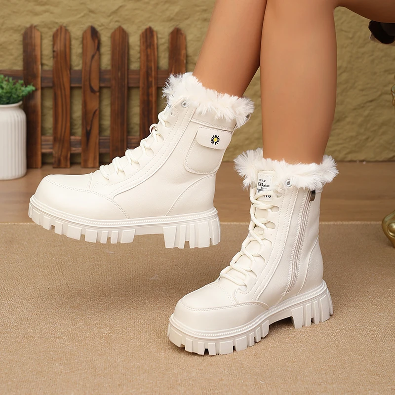 أحذية الثلوج النسائية الجديدة لشتاء 2025 بكعب عريض - نعل سميك، مبطن بالصوف، برباط وسحاب جانبي، أحذية منتصف الساق