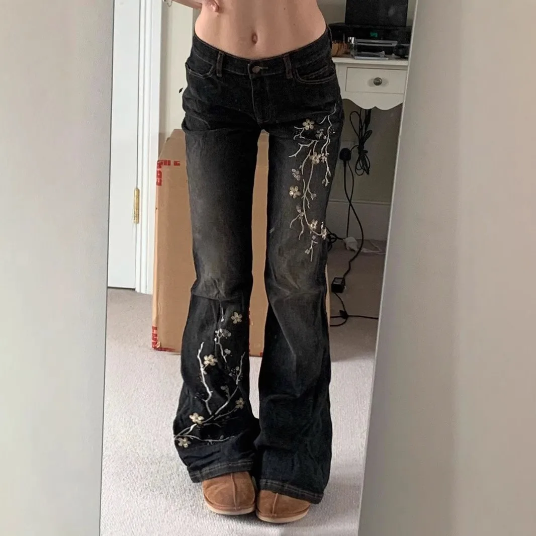 Y2k Women's Baggy Jeans Cotton Low Waist Denim Pants Medium Wash Distressed Wide Leg Black Brown Velvet Flares Western For Woman