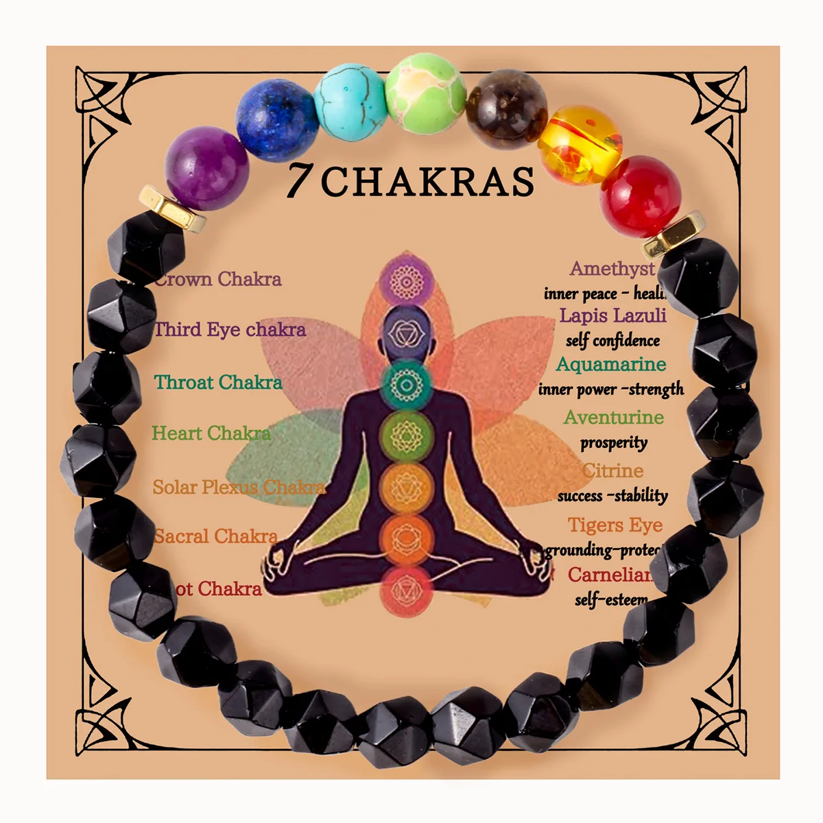 7 Chakra Crystal Natural Quartz Bracelet Health Healing Stone Beads Wrap 7 Chakra Star Cut Faceted Onyx Agate Beads Bracelet